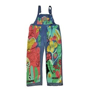 Mini Boden Girls Denim Overalls 7-8Y Floral Print Dungarees Colorful Bib Pants